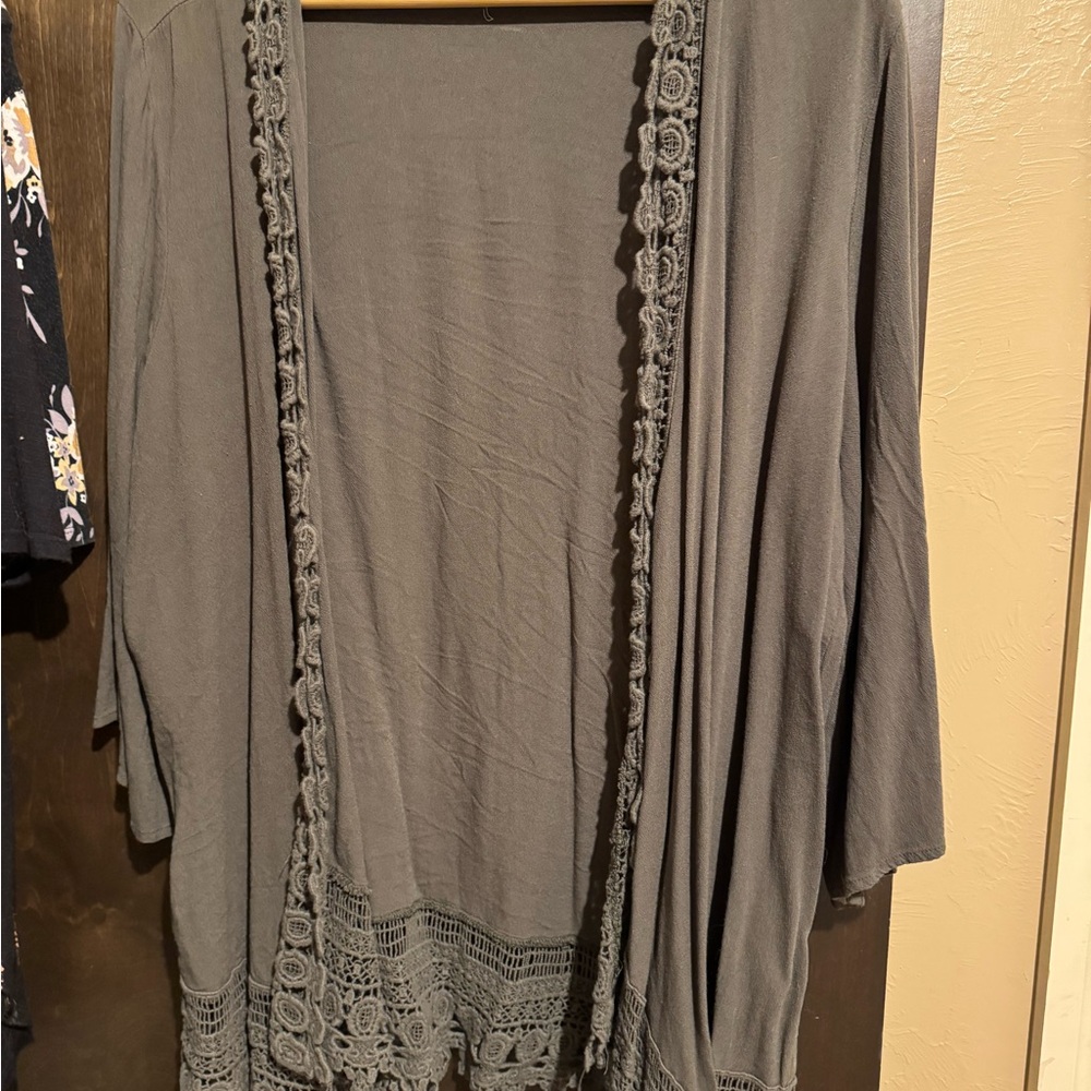 Gray Open Front Cardigan with Lace Trim